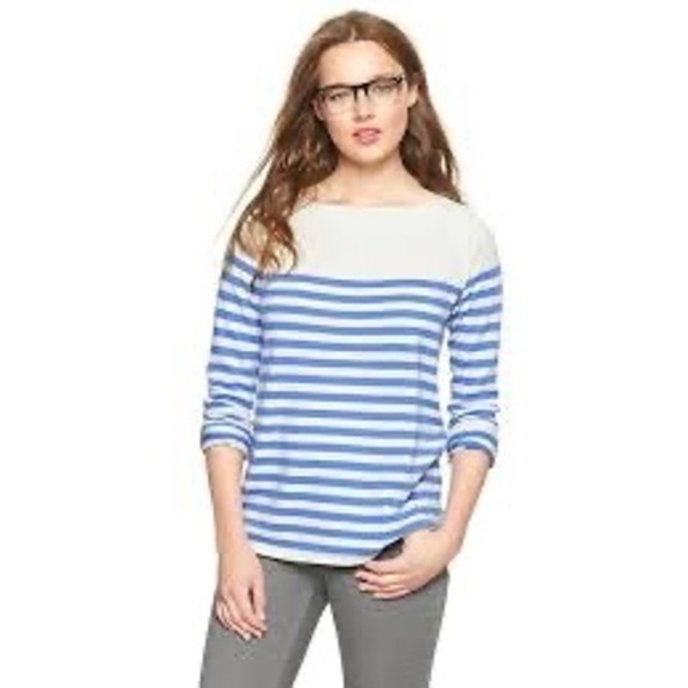 Gap Nautical Stripe Boat Neck Wool‎ Blend Sweater Ivory Blue Small Parisian Prep